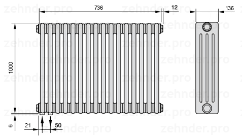 Схема (чертеж) Радиатор Zehnder Charleston 4100/16 №3370 Белый глянцевый RAL 9016